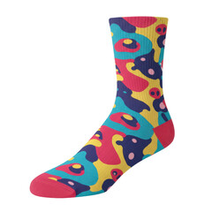Colorful abstract patterned crew sock display isolated on white background