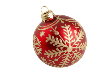 A christmas ornament with red color and golden snowflakes on a black background for holiday decoration on transparent background