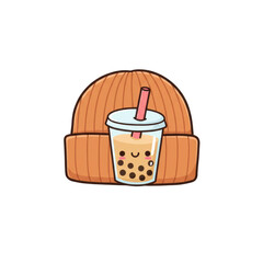 Cute cartoon boba tea in a knitted hat isolated on white background