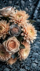 Close-up of a bouquet of roses and chrysanthemums on a beautiful blue flower background