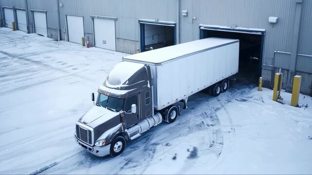 Freight truck navigates snowy loading dock during winter morning