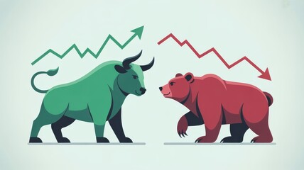 Obraz premium long term investment trend concept. Bull and bear symbols representing market trends and stock trading.