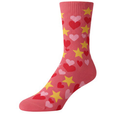 Playful pink socks with hearts and stars isolated on white background