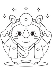 Coloring book page of rhino doctor with stethoscope.
