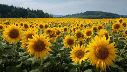 A vast expanse of vibrant yellow sunflowers fills a field, stretching to a backdrop of lush green trees and a partly cloudy sky.