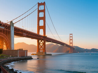 Obraz premium Stunning view of the Golden Gate Bridge in San Francisco, California, USA during sunset. The famous red suspension bridge stretches across the bay with scenic mountains in the background, illuminated
