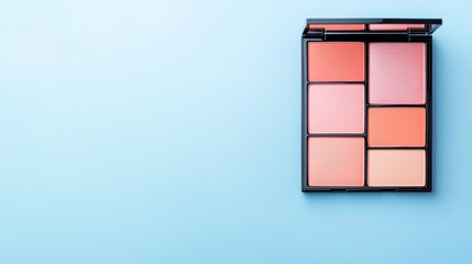 A colorful makeup palette against a serene blue background, vibrant yet balanced, copy space below, ad aesthetic