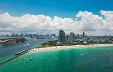 Obraz premium Aerial view of Miami skyline. Drone shot of Miami cityscape. Top view of South Miami and the ocean. Miami skyline with skyscrapers and coastline from above.