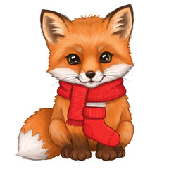 Obraz premium Adorable cartoon fox wearing a cozy red scarf and stocking isolated on white background