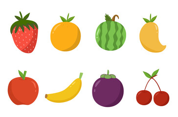 Colorful fruit set vector illustration. Perfect for web design, graphic design, and more. Includes strawberry, orange, watermelon, mango, apple, banana, mangosteen, cherry. Flat design