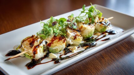 Roasted brussels sprouts skewers with balsamic glaze and herbs.
