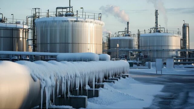 Oil storage tanks covered in ice during winter at an industrial facility near a city