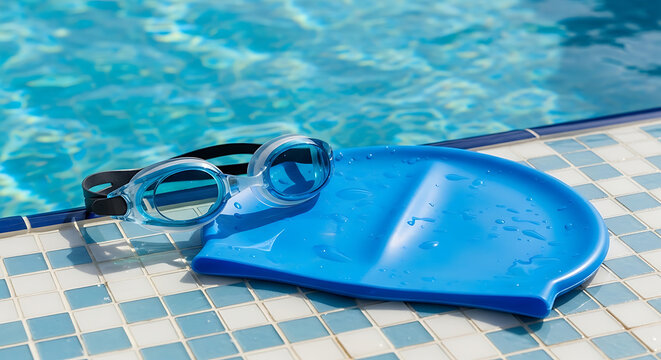 Swimming goggles and swim cap resting on a poolside tile. - Powered by Adobe