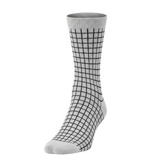 Single gray sock with black grid pattern, textured knit, and subtle shadows isolated on white background