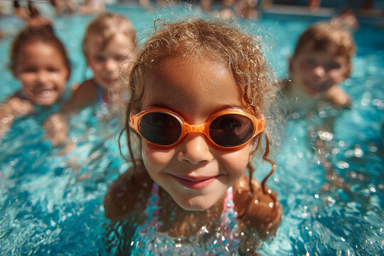 A group of diverse young children enjoying swimming essons in pool, learning wter safety skills and havig summer fun