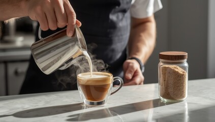 Barista pouring steamed milk into a cup of espresso, creating a creamy coffee in a clear glass mug. Perfect for coffee shop branding, barista training, and specialty coffee promotions.