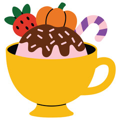Halloween vector dessert with pumpkin and strawberries isolated on white background
