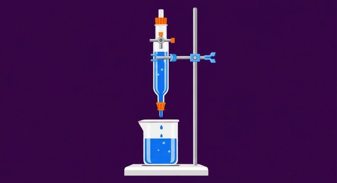 A scientific titration setup with a burette dispensing blue liquid into a beaker on a white base against a purple background