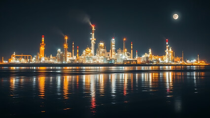 Night View of Illuminated Oil Refinery Plant Reflecting on Water
