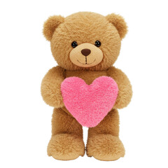 Adorable teddy bear holding a pink heart, expressing affection and love isolated on white background