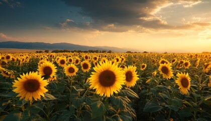 A vast field of sunflowers stretches to the horizon at sunset, showcasing vibrant yellows against a backdrop of dramatic clouds and mountains.