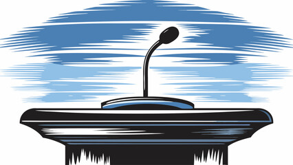 Illustration of a podium with a microphone on it against a blue and white abstract background design art silhouette