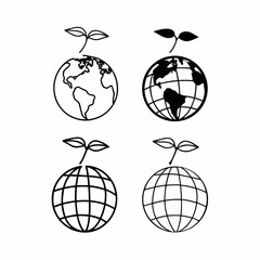 Vector art of four stylized illustrations of planet earth with sprouts growing from the top, isolated on a, symbolizing environmental growth and new beginnings