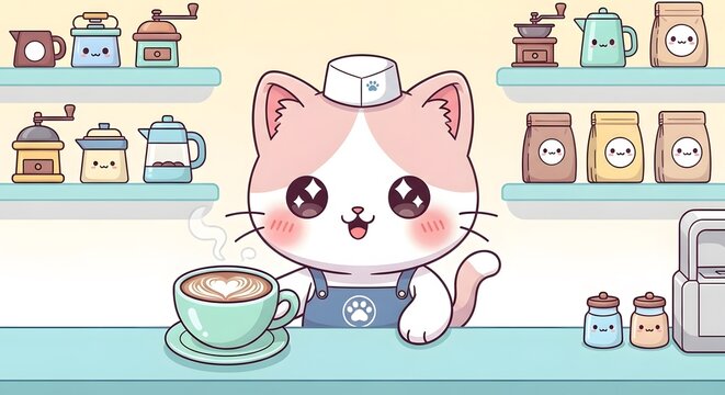 Kawaii Cat Barista Illustration