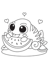 Coloring book page of iguana eating watermelon.