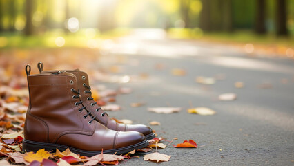 Brown Leather Boots on Leafy Autumn Road – Stylish Footwear with Morning Sun Bokeh and Copy Space