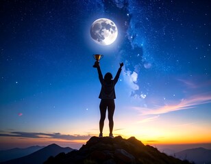 Silhouette of a triumphant woman on a mountaintop at night, holding a trophy aloft