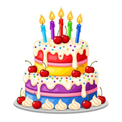 Twotiered birthday cake with colorful frosting, cherries, and lit candles, isolated on transparent background