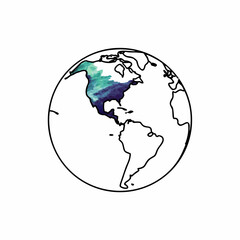 Vector art of handdrawn watercolor illustration of planet earth with north and south america highlighted in blue and green