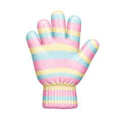 Fuzzy striped mitten with pastel colors and open palm facing forward isolated on white background