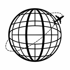 Vector art of silhouette of an airplane flying around a stylized globe, representing international travel and global connectivity