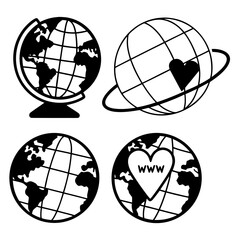 Vector art of set of four stylized globe icons, featuring continents, a heart symbol, and the word www, isolated on a