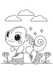Coloring book page of iguana on roller skates.