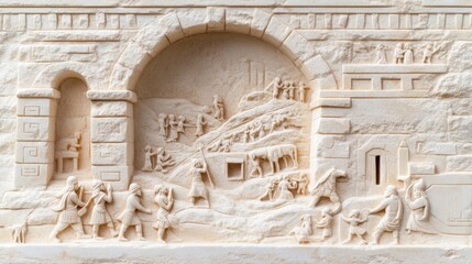 Low-relief stone panel with beige tint, illustrating life in an ancient rural settlement