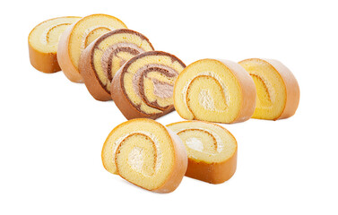 variety of swiss roll slices arranged against a black backdrop