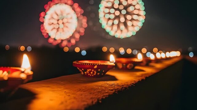 Diwali celebration! Clay diya lamps illuminate a rooftop as colorful fireworks burst. Perfect for festive greetings, cultural events, tradition promotion, and India-themed projects.