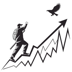 Vector art of man climbing an upward trending graph with an eagle flying above, symbolizing success, growth, and ambition