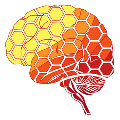 Vector art of abstract illustration of a human brain with a honeycomb pattern, symbolizing intelligence, learning, and cognitive processes