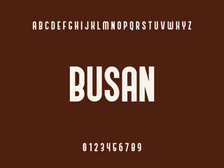 Modern Sans Serif Font Typeface Displaying Busan Text and Alphabet with Numbers on Brown Background