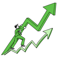 Vector art of businessman climbing an upward trending green arrow representing financial growth and market success