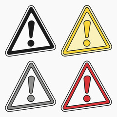 Vector art of collection of four different colored warning signs with exclamation marks inside triangles, isolated on a