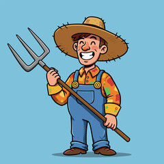 Cheerful cartoon farmer with a straw hat and colorful shirt, holding a pitchfork and standing confidently in blue overalls.