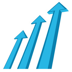 Vector art of three blue arrows pointing upwards in a progression, symbolizing growth, success, and positive trends, isolated on a