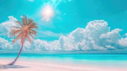 Fototapeta premium Tropical beach scene with palm tree and pastel colors