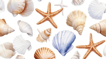 Hand-painted watercolor pattern with coastal shells and starfish for seamless nautical decor