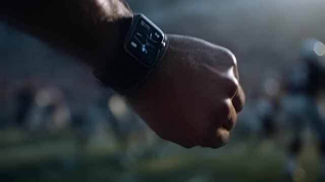 Detailed medium shot highlighting an AIpowered wristband generating realtime football plays with the quarterbacks hand and blurred field action softly fading in the background.